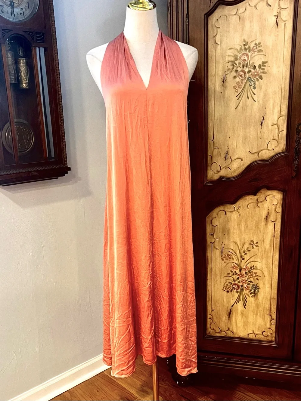 Anthropologie Coral Halter Open Back Fluid Draped Resort Wedding Dress Size S